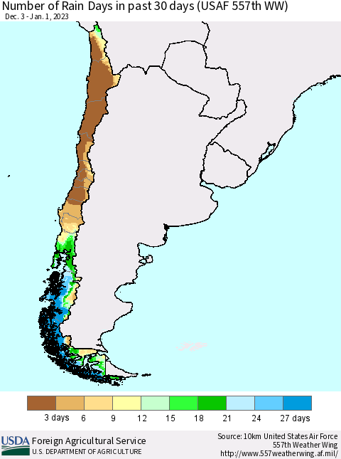 Chile Number of Rain Days in past 30 days (USAF 557th WW) 01/01/2023 Thematic Map For 12/26/2022 - 1/1/2023
