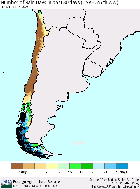 Chile Number of Rain Days in past 30 days (USAF 557th WW) 03/05/2023 Thematic Map For 2/27/2023 - 3/5/2023