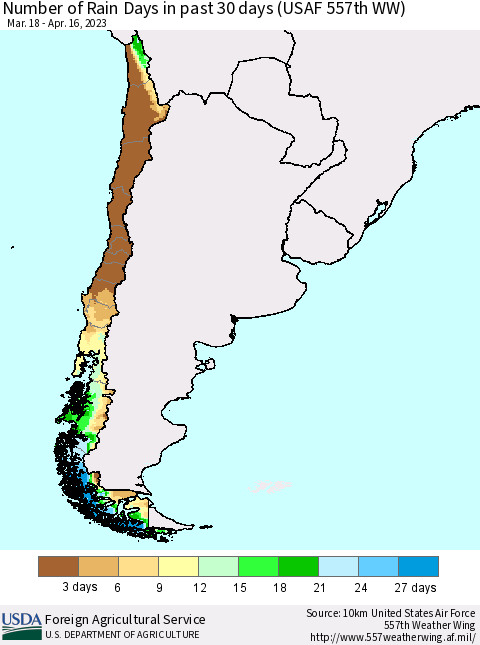 Chile Number of Rain Days in past 30 days (USAF 557th WW) 04/16/2023 Thematic Map For 4/10/2023 - 4/16/2023