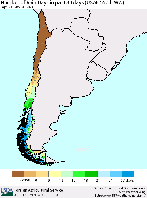 Chile Number of Rain Days in past 30 days (USAF 557th WW) 05/28/2023 Thematic Map For 5/22/2023 - 5/28/2023