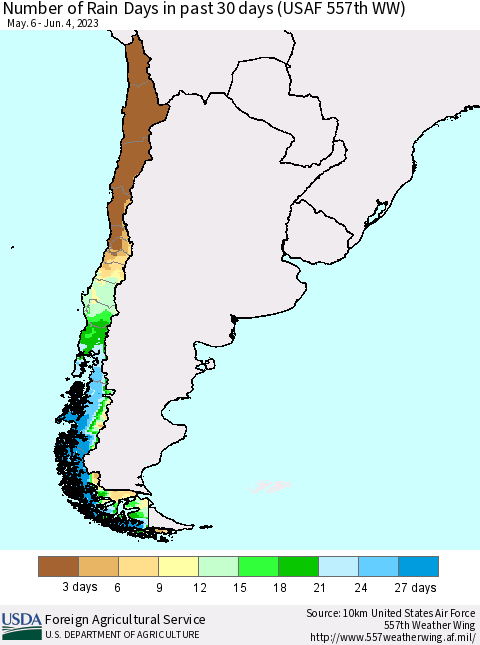 Chile Number of Rain Days in past 30 days (USAF 557th WW) 06/04/2023 Thematic Map For 5/29/2023 - 6/4/2023