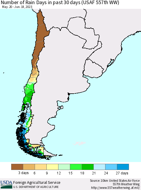 Chile Number of Rain Days in past 30 days (USAF 557th WW) 06/18/2023 Thematic Map For 6/12/2023 - 6/18/2023