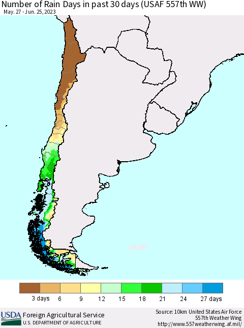 Chile Number of Rain Days in past 30 days (USAF 557th WW) 06/25/2023 Thematic Map For 6/19/2023 - 6/25/2023