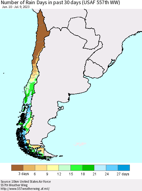 Chile Number of Rain Days in past 30 days (USAF 557th WW) 07/09/2023 Thematic Map For 7/3/2023 - 7/9/2023