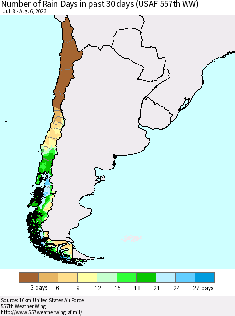 Chile Number of Rain Days in past 30 days (USAF 557th WW) 08/06/2023 Thematic Map For 7/31/2023 - 8/6/2023