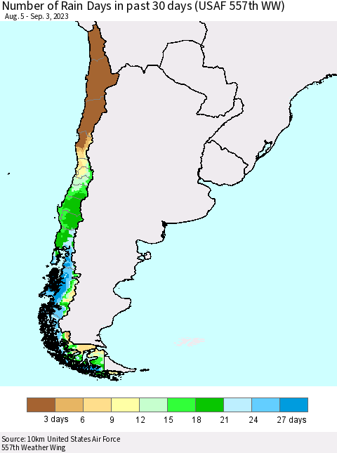 Chile Number of Rain Days in past 30 days (USAF 557th WW) 09/03/2023 Thematic Map For 8/28/2023 - 9/3/2023