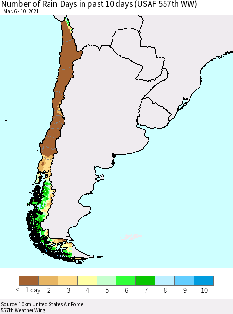 Chile Number of Rain Days in past 10 days (USAF 557th WW) Thematic Map For 3/6/2021 - 3/10/2021