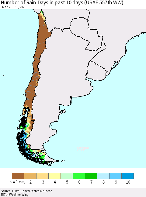 Chile Number of Rain Days in past 10 days (USAF 557th WW) Thematic Map For 3/26/2021 - 3/31/2021