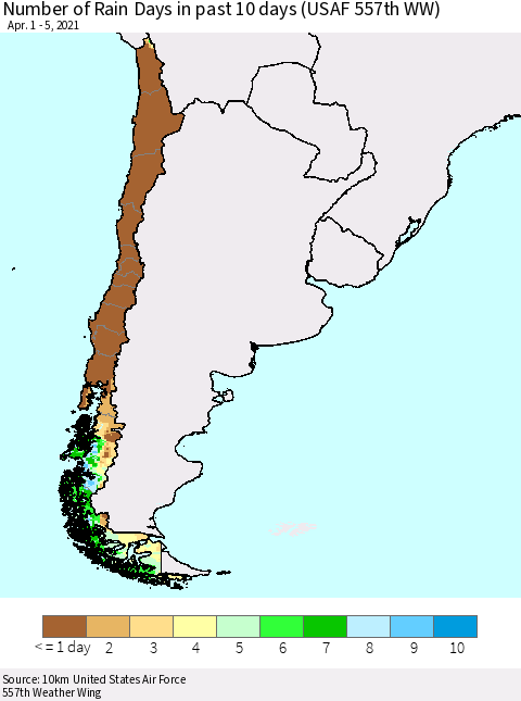 Chile Number of Rain Days in past 10 days (USAF 557th WW) Thematic Map For 4/1/2021 - 4/5/2021