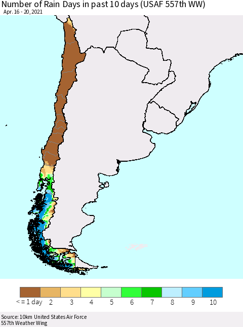 Chile Number of Rain Days in past 10 days (USAF 557th WW) Thematic Map For 4/16/2021 - 4/20/2021