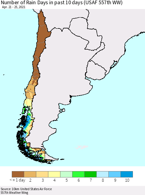 Chile Number of Rain Days in past 10 days (USAF 557th WW) Thematic Map For 4/21/2021 - 4/25/2021