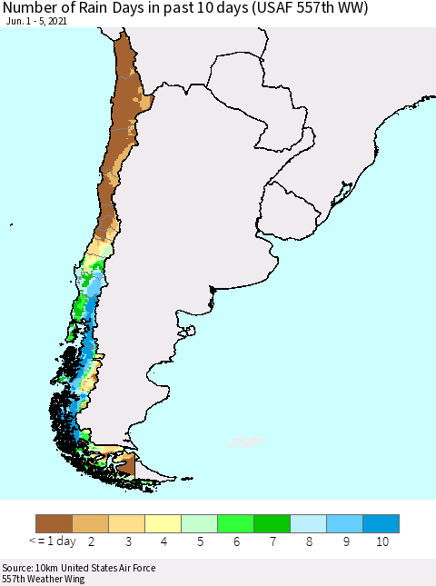 Chile Number of Rain Days in past 10 days (USAF 557th WW) Thematic Map For 6/1/2021 - 6/5/2021