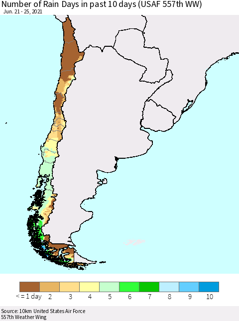 Chile Number of Rain Days in past 10 days (USAF 557th WW) Thematic Map For 6/21/2021 - 6/25/2021
