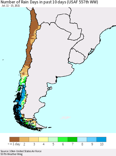 Chile Number of Rain Days in past 10 days (USAF 557th WW) Thematic Map For 7/11/2021 - 7/15/2021