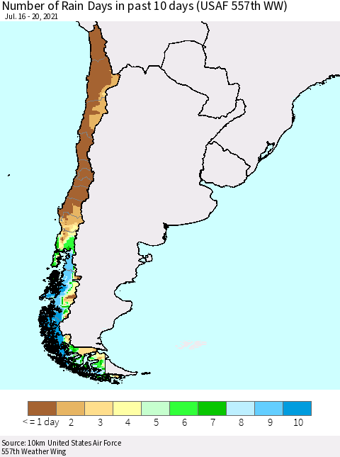 Chile Number of Rain Days in past 10 days (USAF 557th WW) Thematic Map For 7/16/2021 - 7/20/2021