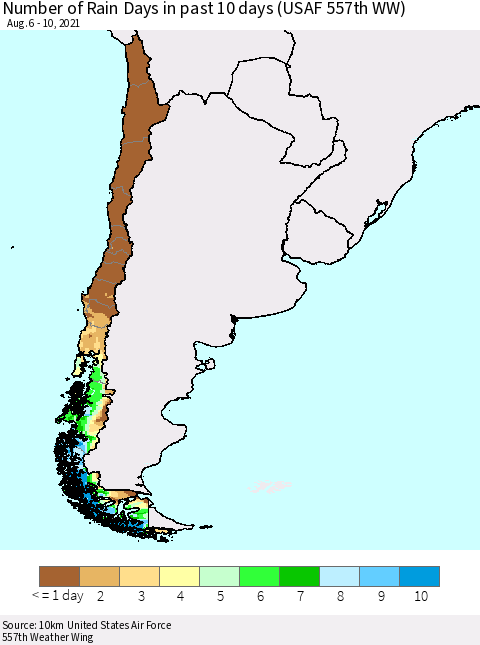 Chile Number of Rain Days in past 10 days (USAF 557th WW) Thematic Map For 8/6/2021 - 8/10/2021