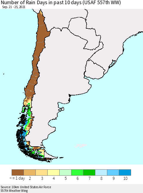 Chile Number of Rain Days in past 10 days (USAF 557th WW) Thematic Map For 9/21/2021 - 9/25/2021