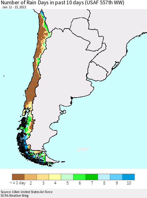 Chile Number of Rain Days in past 10 days (USAF 557th WW) Thematic Map For 1/11/2022 - 1/15/2022