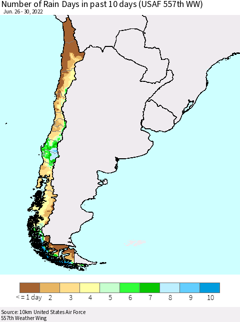 Chile Number of Rain Days in past 10 days (USAF 557th WW) Thematic Map For 6/26/2022 - 6/30/2022