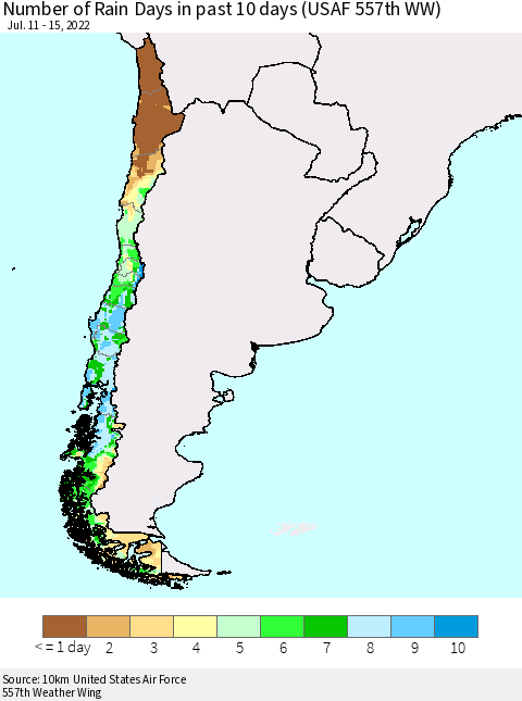 Chile Number of Rain Days in past 10 days (USAF 557th WW) Thematic Map For 7/11/2022 - 7/15/2022