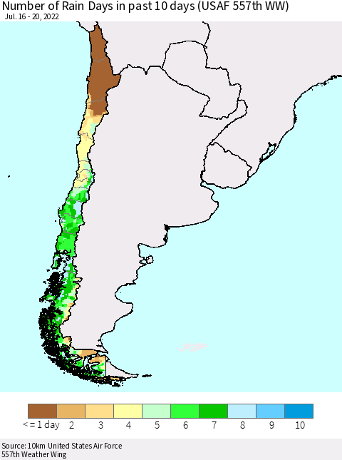 Chile Number of Rain Days in past 10 days (USAF 557th WW) Thematic Map For 7/16/2022 - 7/20/2022