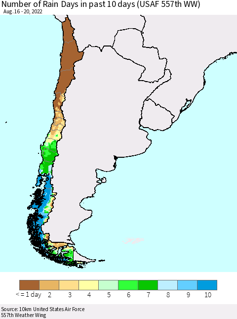 Chile Number of Rain Days in past 10 days (USAF 557th WW) Thematic Map For 8/16/2022 - 8/20/2022