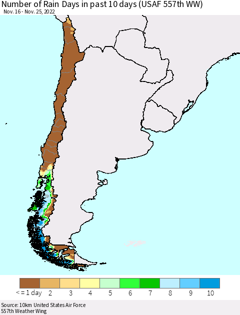 Chile Number of Rain Days in past 10 days (USAF 557th WW) Thematic Map For 11/21/2022 - 11/25/2022