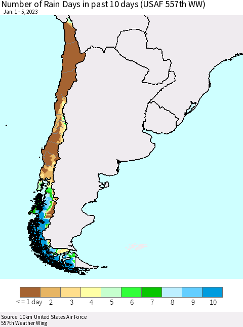 Chile Number of Rain Days in past 10 days (USAF 557th WW) Thematic Map For 1/1/2023 - 1/5/2023