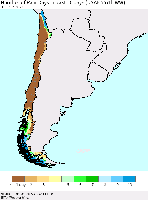 Chile Number of Rain Days in past 10 days (USAF 557th WW) Thematic Map For 2/1/2023 - 2/5/2023