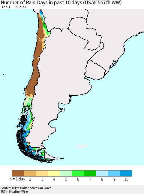 Chile Number of Rain Days in past 10 days (USAF 557th WW) Thematic Map For 2/11/2023 - 2/15/2023