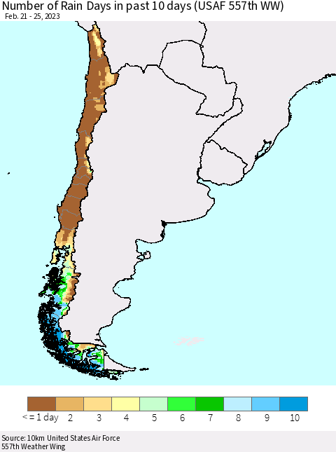 Chile Number of Rain Days in past 10 days (USAF 557th WW) Thematic Map For 2/21/2023 - 2/25/2023