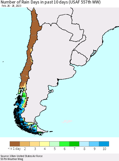 Chile Number of Rain Days in past 10 days (USAF 557th WW) Thematic Map For 2/26/2023 - 2/28/2023