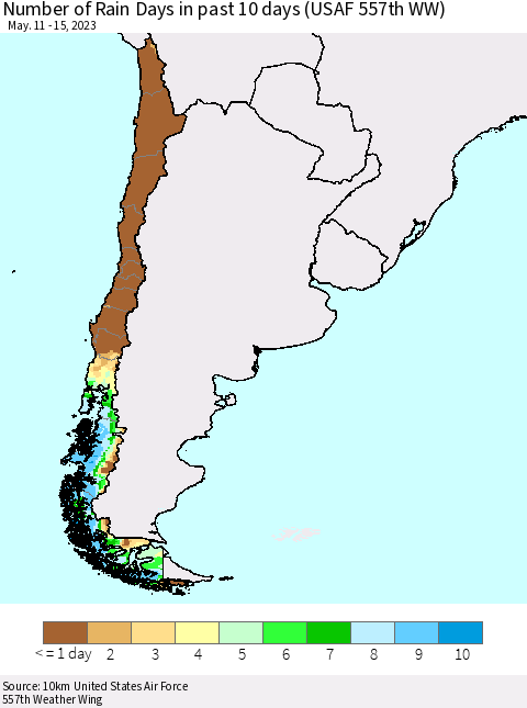 Chile Number of Rain Days in past 10 days (USAF 557th WW) Thematic Map For 5/11/2023 - 5/15/2023
