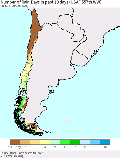 Chile Number of Rain Days in past 10 days (USAF 557th WW) Thematic Map For 6/21/2023 - 6/25/2023