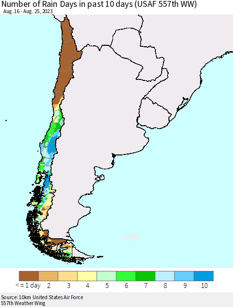 Chile Number of Rain Days in past 10 days (USAF 557th WW) Thematic Map For 8/21/2023 - 8/25/2023