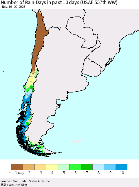 Chile Number of Rain Days in past 10 days (USAF 557th WW) Thematic Map For 11/16/2023 - 11/20/2023