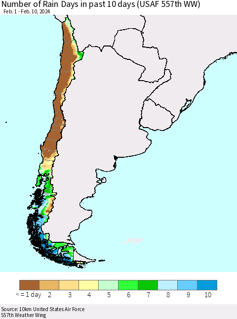 Chile Number of Rain Days in past 10 days (USAF 557th WW) Thematic Map For 2/6/2024 - 2/10/2024