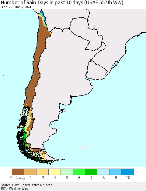 Chile Number of Rain Days in past 10 days (USAF 557th WW) Thematic Map For 3/1/2024 - 3/5/2024