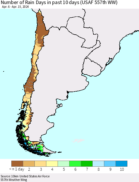 Chile Number of Rain Days in past 10 days (USAF 557th WW) Thematic Map For 4/11/2024 - 4/15/2024