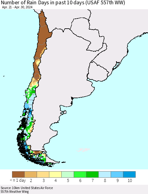 Chile Number of Rain Days in past 10 days (USAF 557th WW) Thematic Map For 4/26/2024 - 4/30/2024