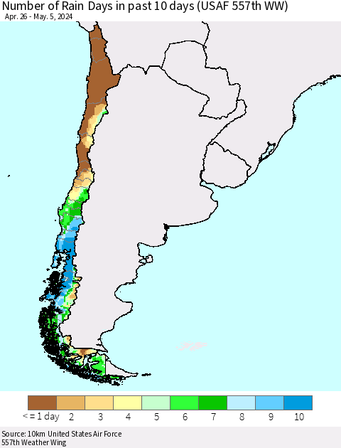 Chile Number of Rain Days in past 10 days (USAF 557th WW) Thematic Map For 5/1/2024 - 5/5/2024