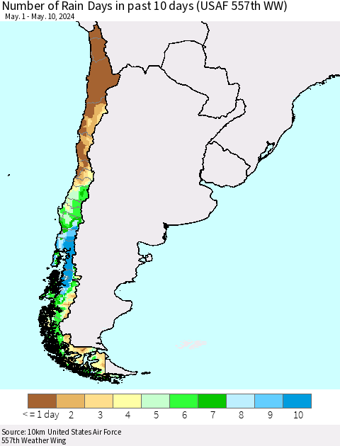 Chile Number of Rain Days in past 10 days (USAF 557th WW) Thematic Map For 5/6/2024 - 5/10/2024