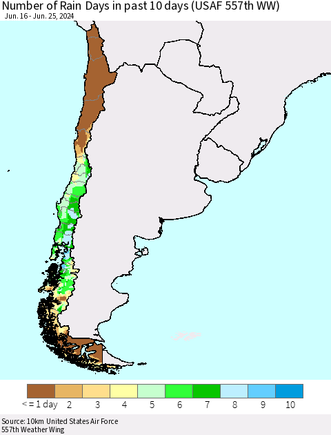 Chile Number of Rain Days in past 10 days (USAF 557th WW) Thematic Map For 6/21/2024 - 6/25/2024