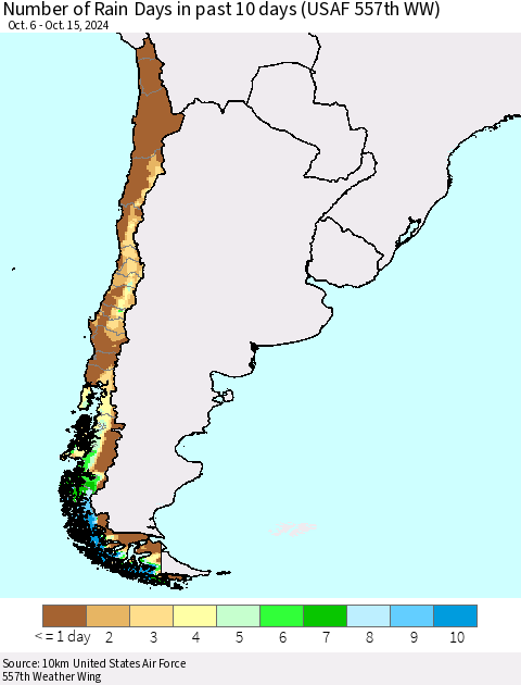 Chile Number of Rain Days in past 10 days (USAF 557th WW) Thematic Map For 10/11/2024 - 10/15/2024