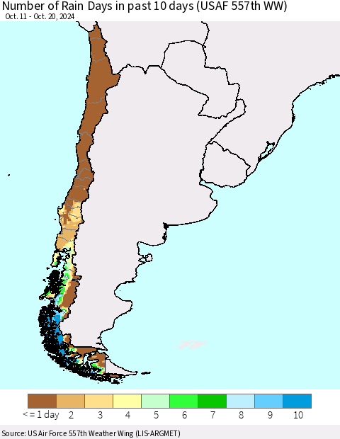 Chile Number of Rain Days in past 10 days (USAF 557th WW) Thematic Map For 10/16/2024 - 10/20/2024