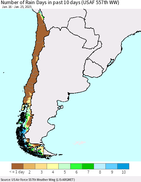 Chile Number of Rain Days in past 10 days (USAF 557th WW) Thematic Map For 1/21/2025 - 1/25/2025