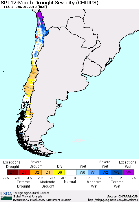 Chile SPI 12-Month Drought Severity (CHIRPS) Thematic Map For 2/1/2018 - 1/31/2019