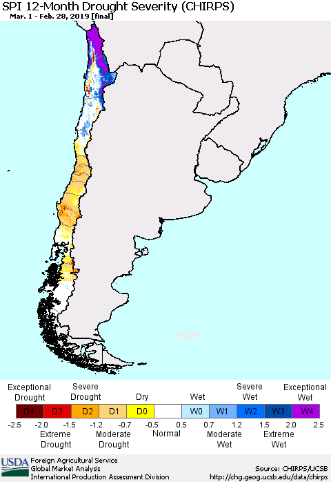 Chile SPI 12-Month Drought Severity (CHIRPS) Thematic Map For 3/1/2018 - 2/28/2019