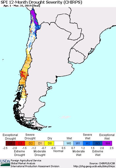 Chile SPI 12-Month Drought Severity (CHIRPS) Thematic Map For 4/1/2018 - 3/31/2019