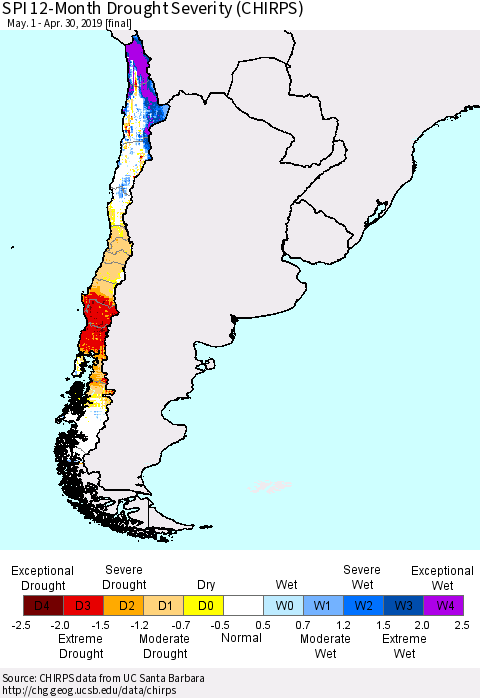 Chile SPI 12-Month Drought Severity (CHIRPS) Thematic Map For 5/1/2018 - 4/30/2019